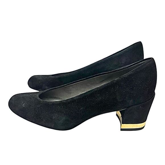 Stuart Weitzman Black Suede Pumps Block Heel Gold Accent Comfort Size 6.5 Medium - Picture 8 of 9